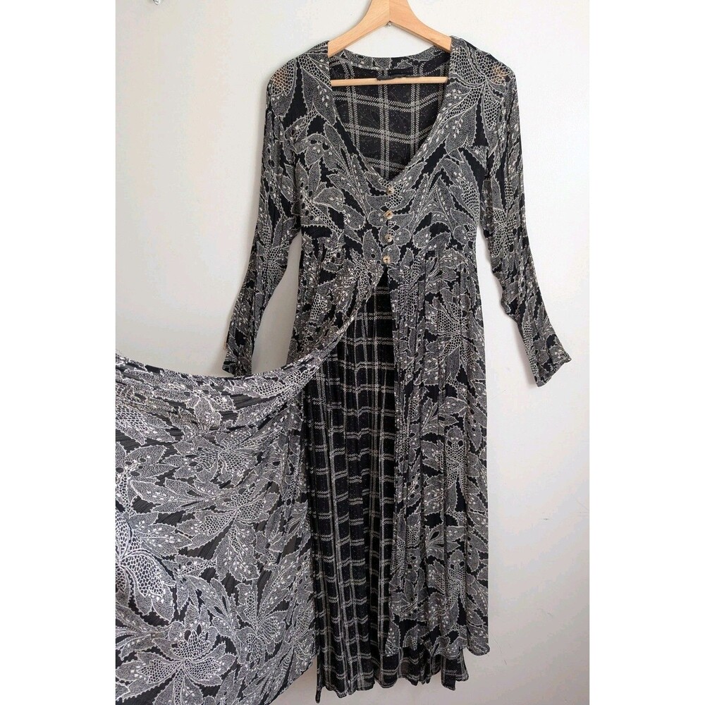 Vintage 90s Crinkle Rayon Whimsigoth Dress Black Floral Grunge Maxi Overlay M